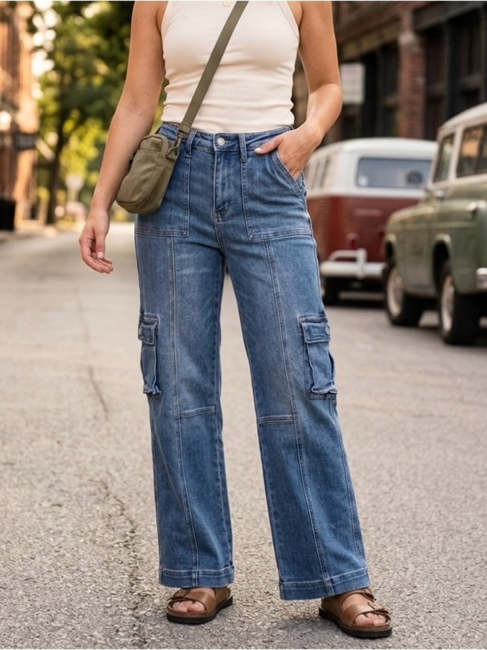 Judy Blue Medium Wash Wide-Leg Cargo Jeans